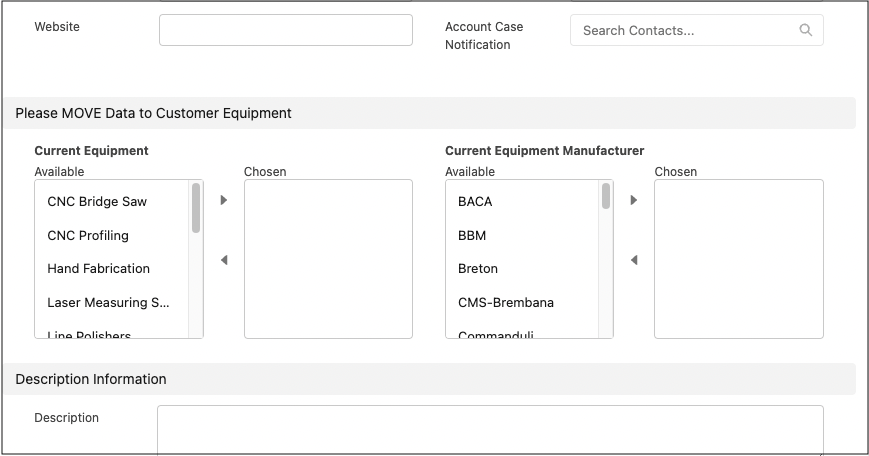 The page that shows the Current Equipment and the Current Equipment Manufacturer multi-select picklists.