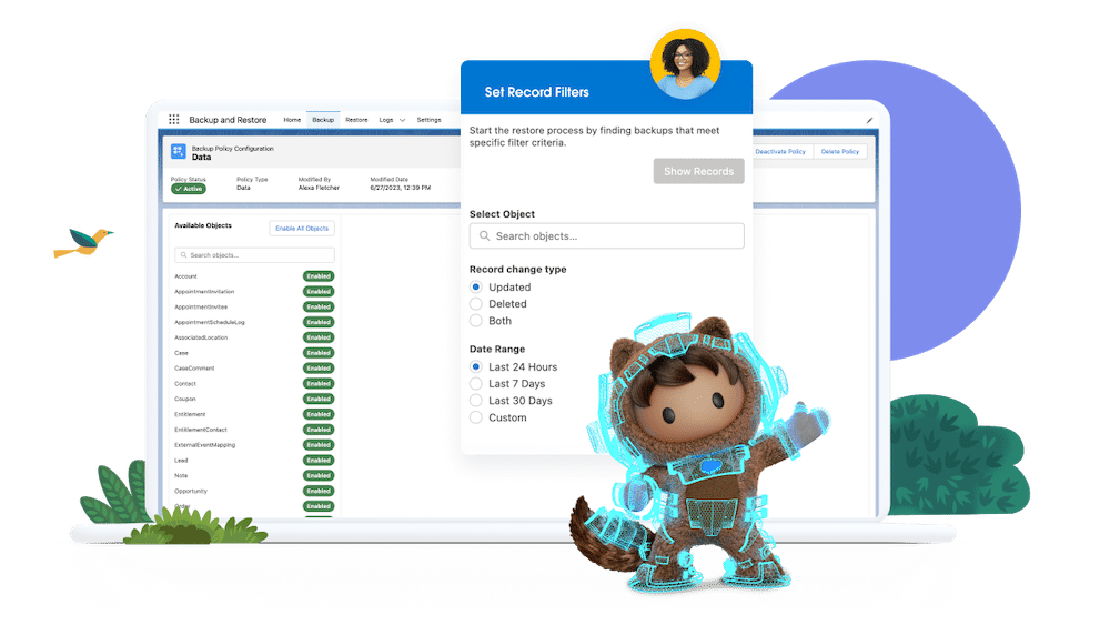 Astro in a light-up suit gesturing to an example Salesforce Backup policy.