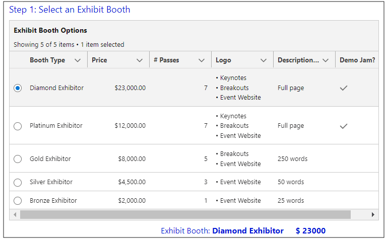 Step 1: Select an Exhibit Booth with a data table that displays the booth type, price, number of passes, logo, description, and demo jam with Diamond Exhibitor selected.