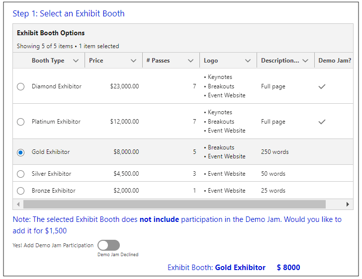 Step 1: Select an Exhibit Booth with a data table that displays the booth type, price, number of passes, logo, description, and demo jam, with Gold Exhibitor selected and a toggle component to add Demo Jam showing that is not selected.