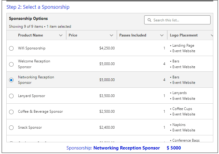 Step 2: Select a Sponsorship with a data table that displays the sponsorship, price, number of passes, and logo placement, with Networking Reception Sponsor selected.