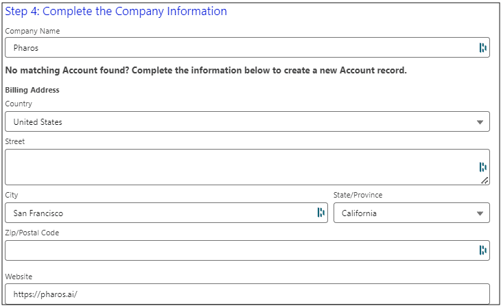 Step 4: Complete the Company Information which shows the Company Name field filled out, the Billing Address fields with city, state, and country completed, and the website field filled out.