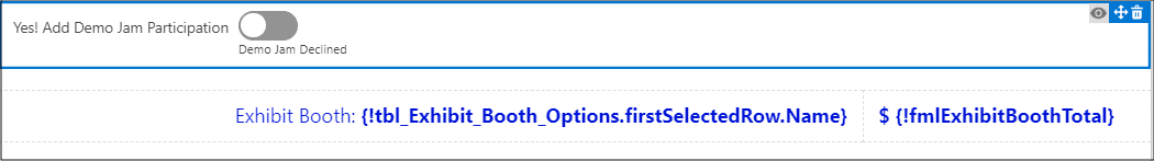 Flow screen components for the Demo Jam toggle, the Exhibit Booth label display text component, and the Exhibit Booth Total display text component.