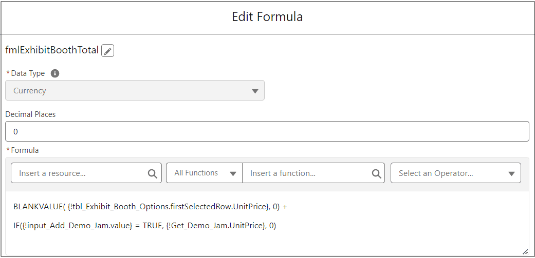 Flow formula with API name “fmlExhibitBoothTotal”.