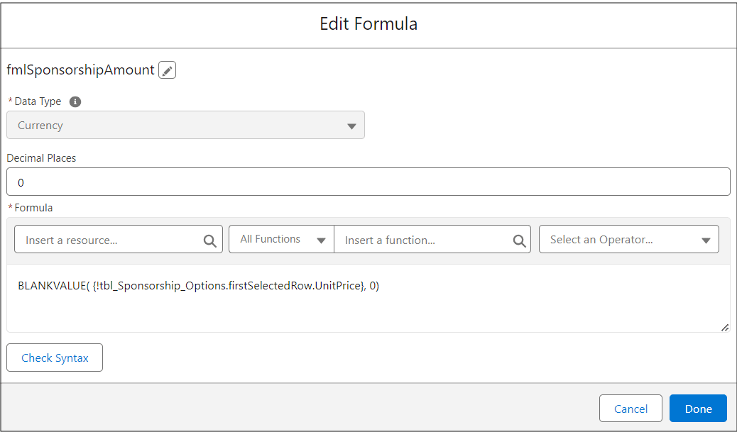 Flow formula with API name “fmlSponsorshipAmount”.