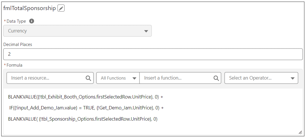 Flow formula with API name “fmlTotalSponsorship”.