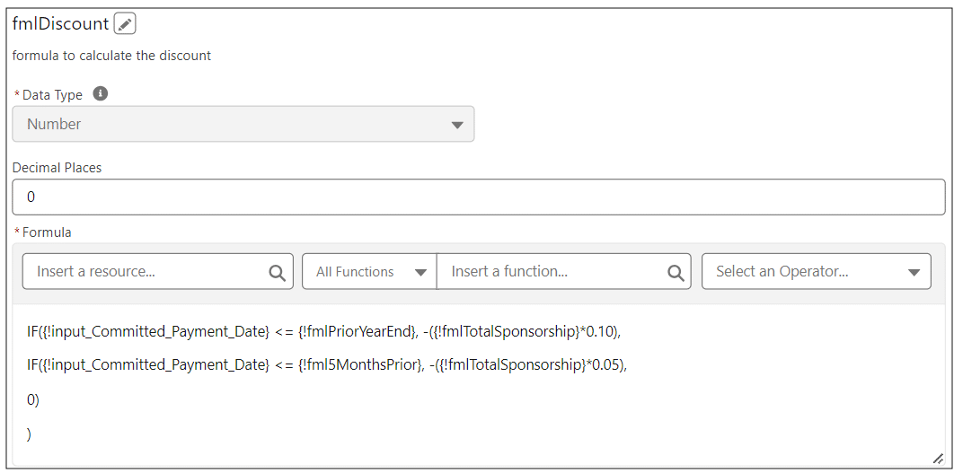 Flow formula with API name “fmlDiscount”.