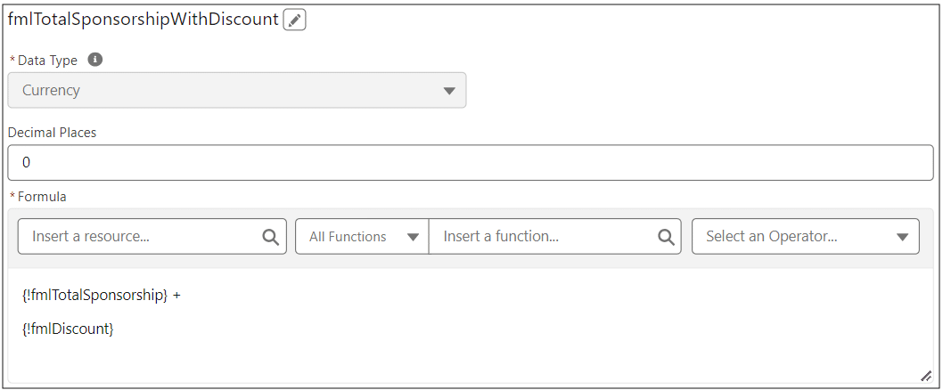  Flow formula with API name “fmlTotalSponsorshipWithDiscount”.