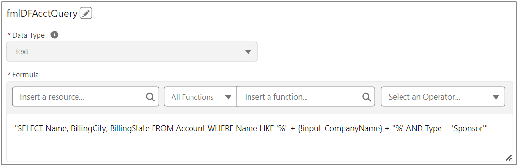 Flow formula with API name “fmlDFContactQuery”.