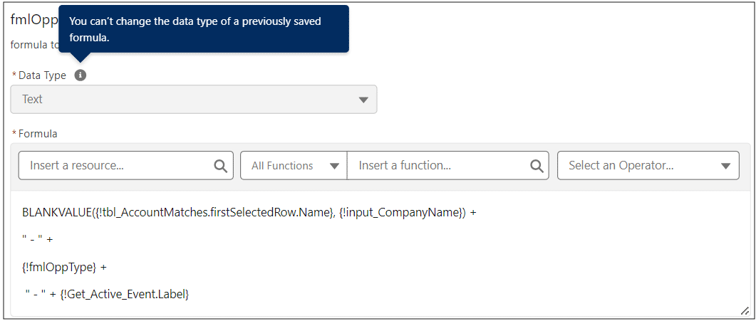 Flow formula with API name “fmlOppName”.