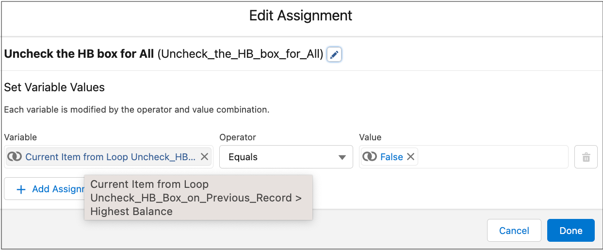 Assignment element where Highest Balance = False.