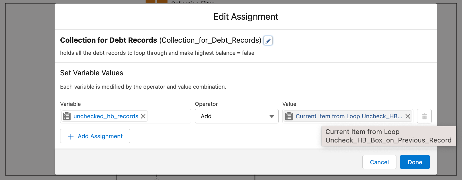 Assignment element to identify current record in loop to be undesignated as highest balance Debt record.