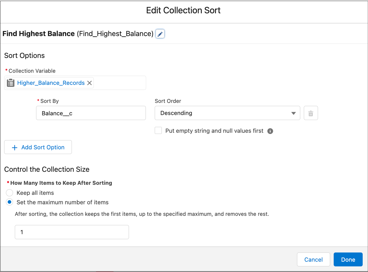 Collection Sort element to sort all Debt records by Balance from Descending order.