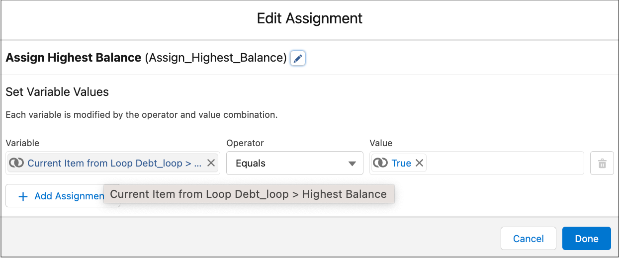 Assignment element to assign Highest Balance = True for current record in second loop in flow.