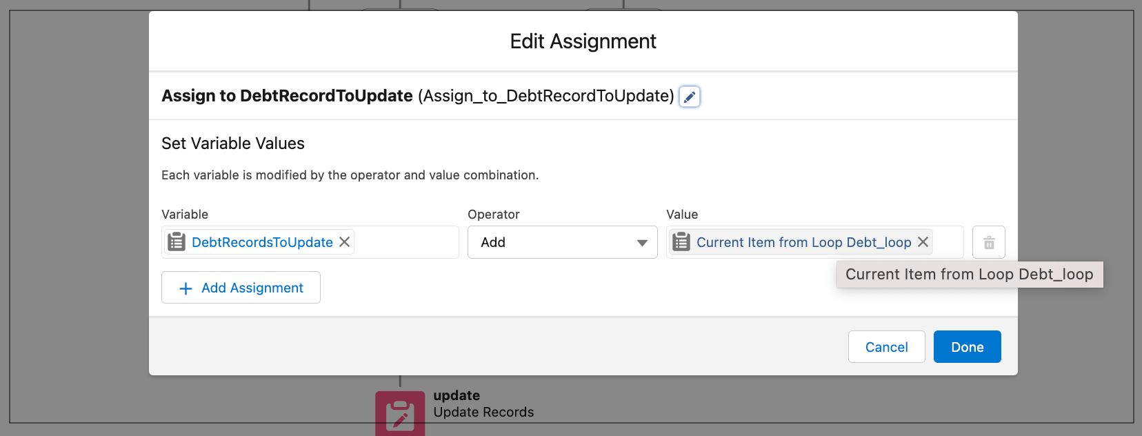 Last Assignment element storing record ID of the current highest balance Debt record.