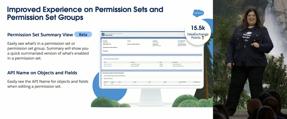 Slide titled “Improved Experience on Permission Sets and Permission Set Groups,” showing Permission Set Summary View in Beta and API Name on Objects and Fields. Highlights 15.5K IdeaExchange points delivered. Side video screen shows Product Manager Cheryl Feldman smiling with joy.