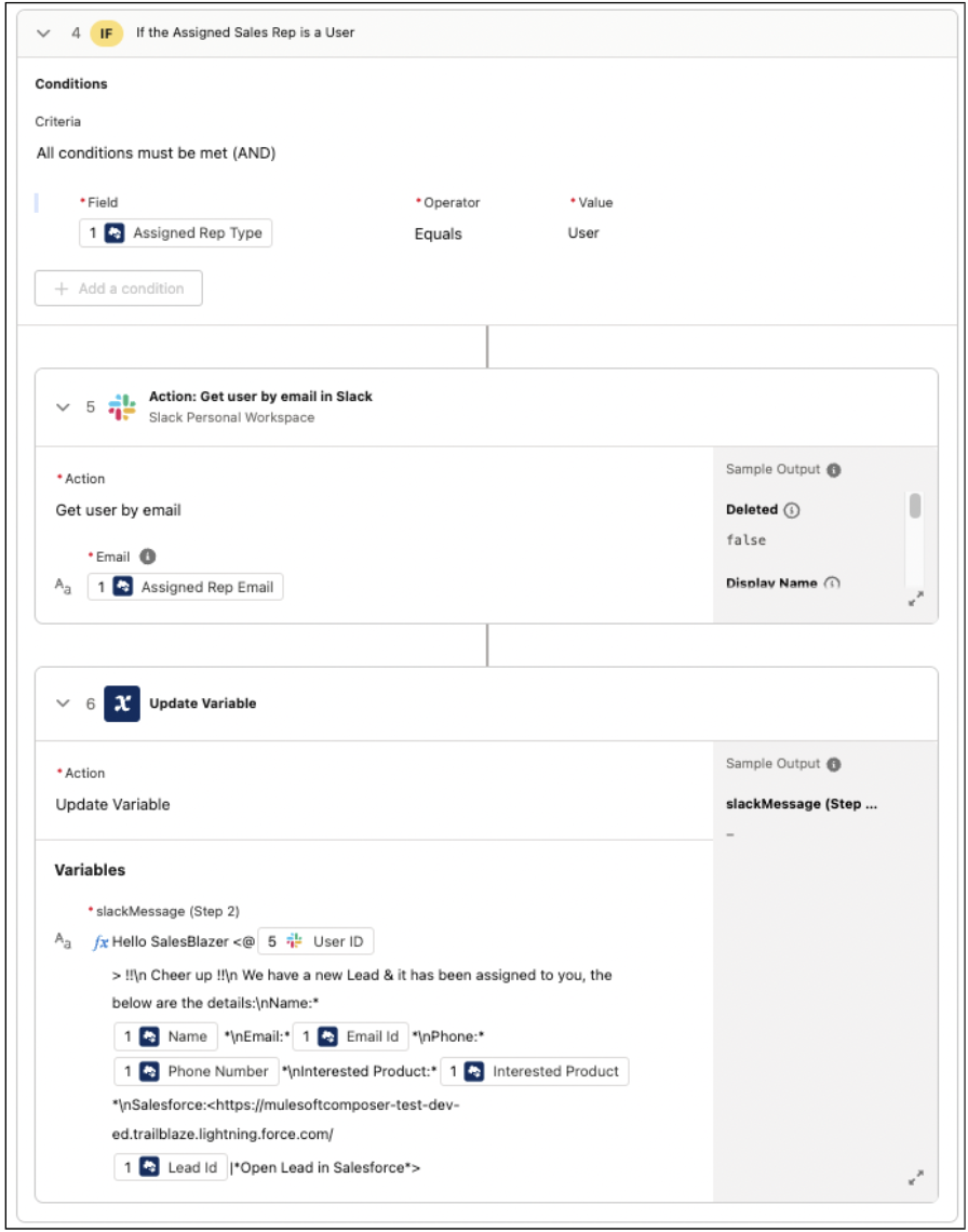 Step in MuleSoft Composer to set the Slack message.