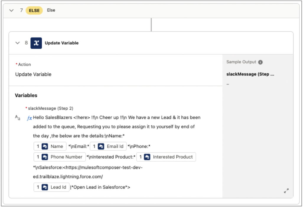 Step in MuleSoft Composer to set the Slack message if assigned to a queue.