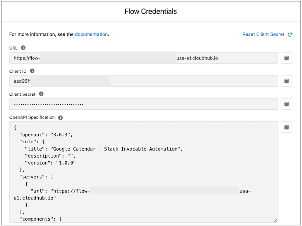 Flow credentials information in MuleSoft Composer once the Composer flow is activated.