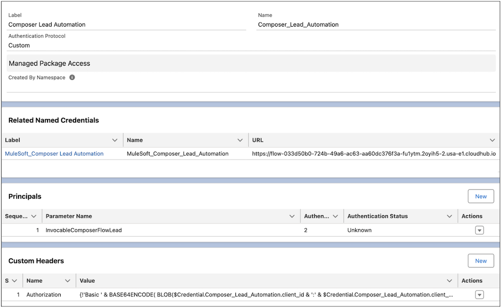 External credentials configuration to connect between Salesforce and MuleSoft Composer.