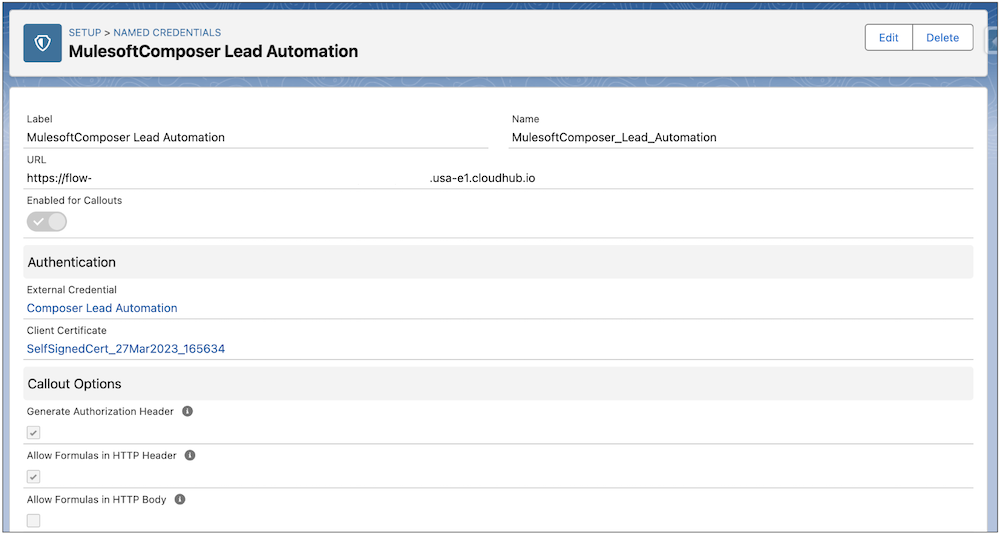 Named credentials configuration to connect between Salesforce and MuleSoft Composer.