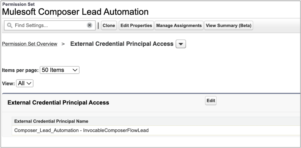 Configured permission set authorizing users to make callouts from Salesforce to MuleSoft Composer.