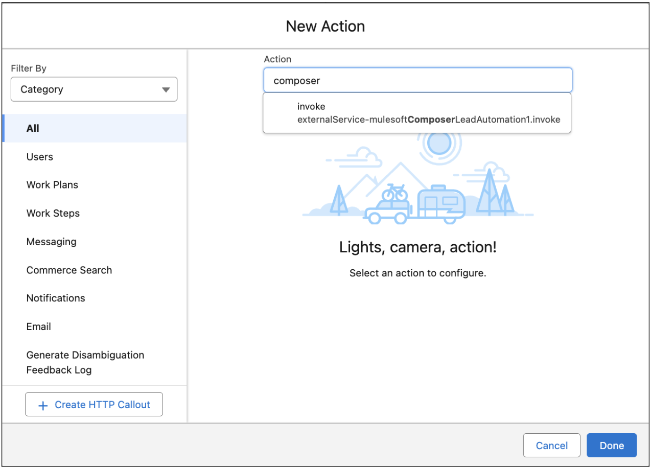 Use an Action element to invoke a MuleSoft Composer flow.