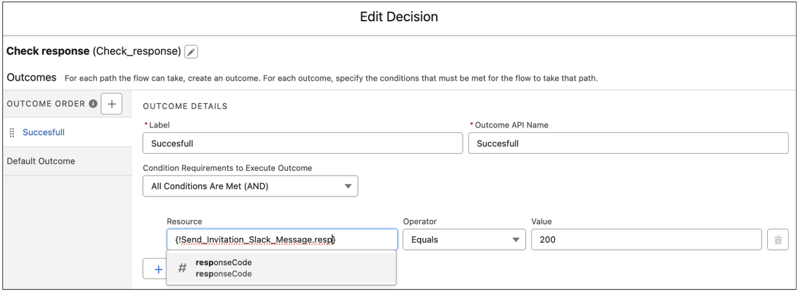 Decision element to determine whether the MuleSoft Composer flow executed successfully.