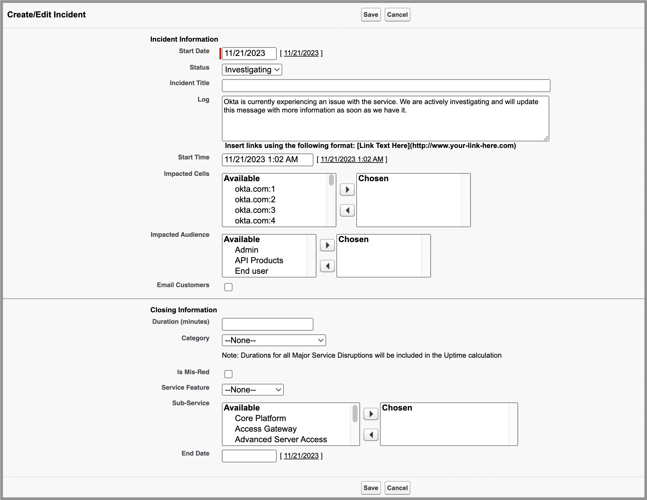 Visualforce page for Incident record creation in Salesforce Classic.