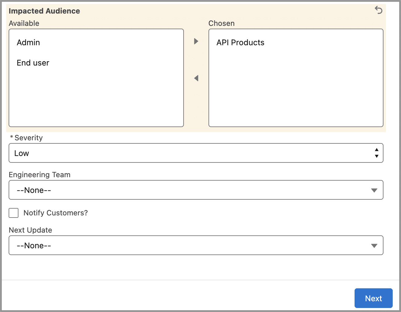 Impacted Audience choice is API Products.