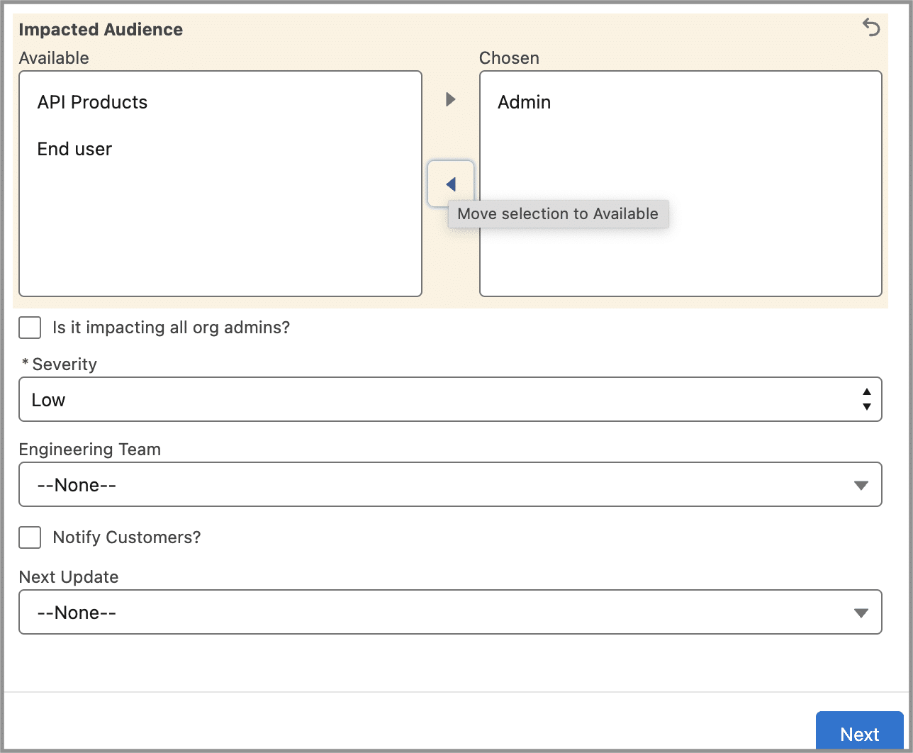 Impacted Audience choice is Admin, with fields to capture additional information.