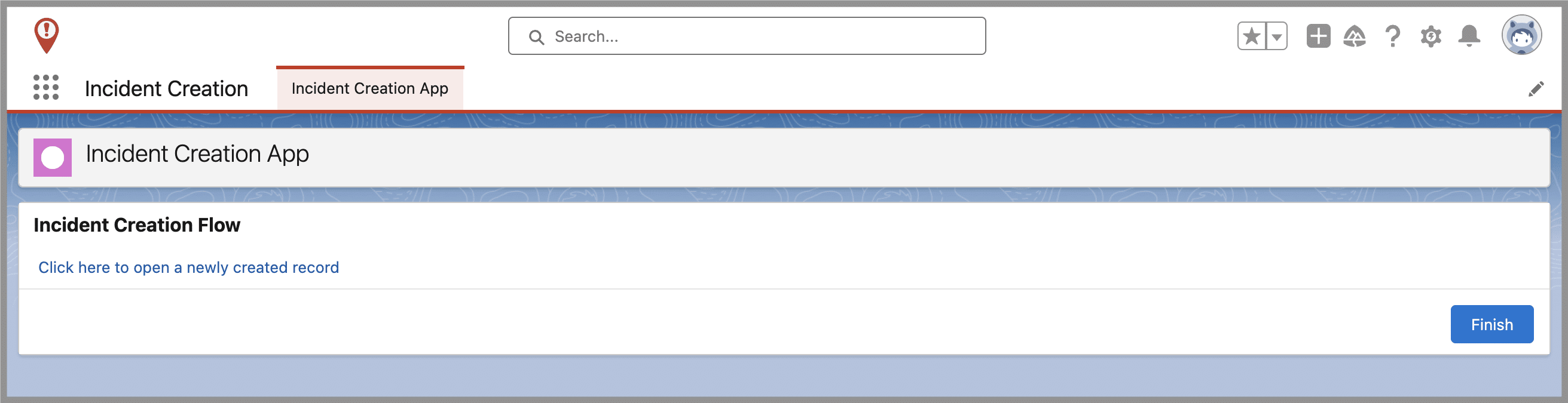  Incident Creation App screen showing a link to open a newly created record.