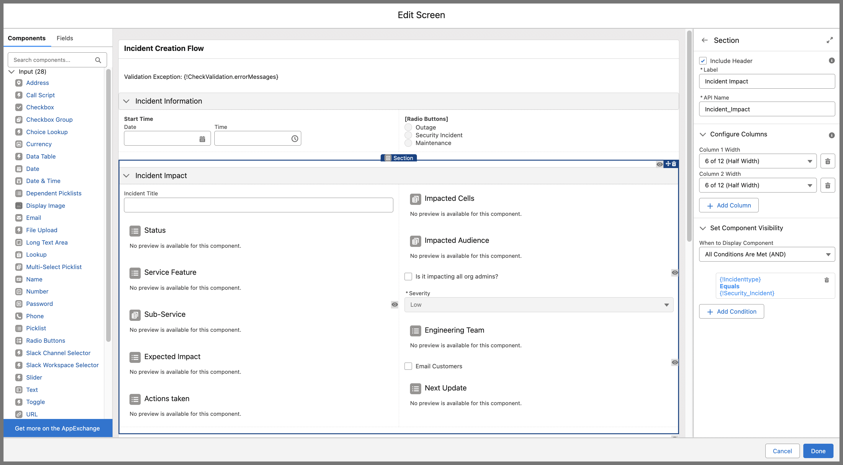 Conditional visibility of sections on the Incident Creation Flow screen.