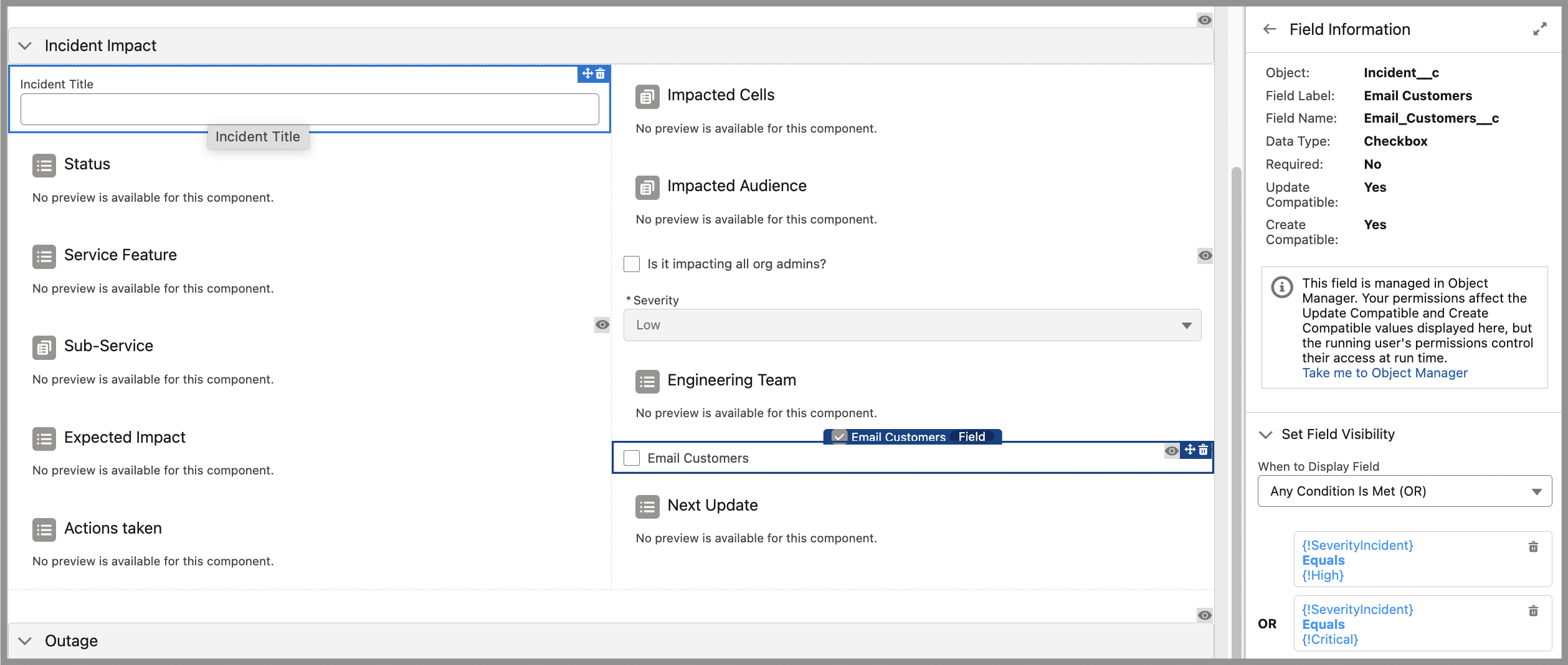 Conditional visibility of Email Customers checkbox under Incident Impact section.