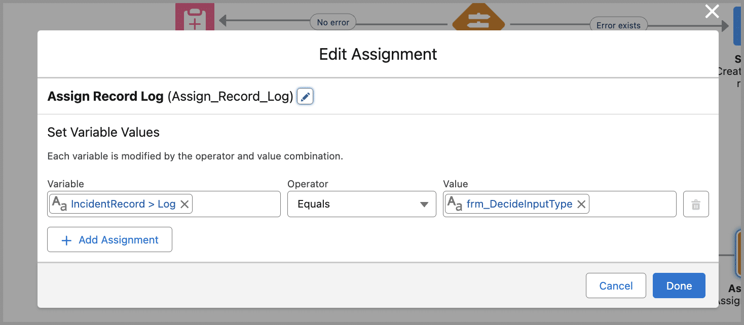 Assignment element for Log field on the Incident record being assigned value from variable using a formula resource.