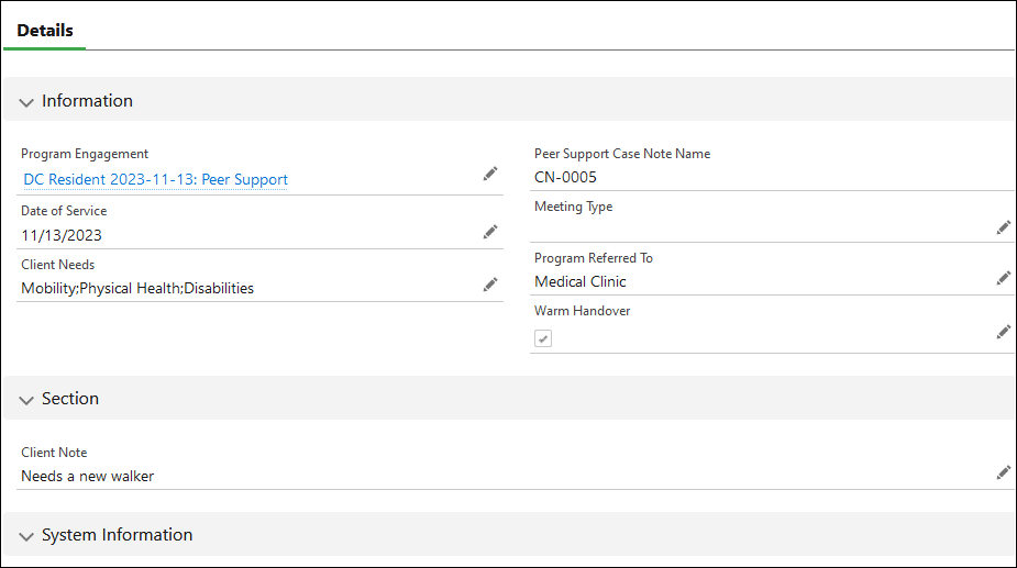 Salesforce record page displaying the fields entered in the previous screens, including a Program Engagement lookup field.