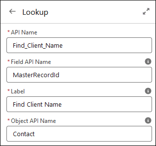 Lookup field for Contact; the label is 'Find Client Name'.