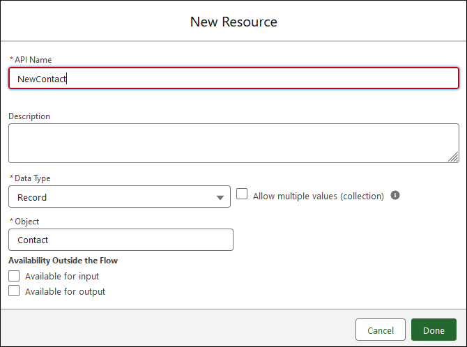 Variable with Data Type 'Record' and Object 'Contact' named 'NewContact.'