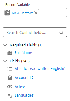 NewContact can now be be seen under the record variable lookup; Contact fields are visible.