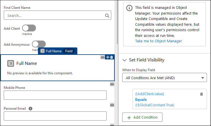 Set field visibility panel for the Contact Field 'Full Name'. 