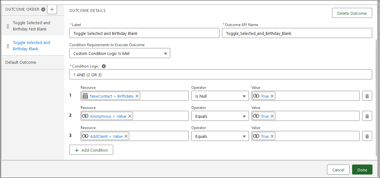 Decision element showing an outcome named ‘Toggle Selected and Birthday Blank’. The conditions are AddClient>Value Equals True and NewContact>Birthdate Is Null True or Anonymous>Value Equals True.