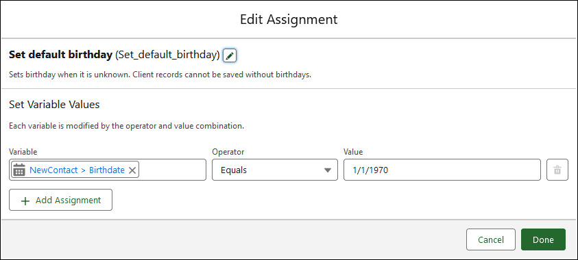 Assignment element named 'Set default birthday' where NewContact>Birthday is set to 1/1/1970.