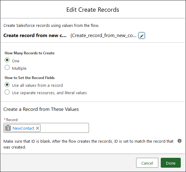 Create Records element where a contact record is created using all the values from the variable 'NewContact'.