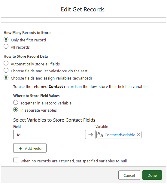 Get Records element showing the field value for Id is stored in the ‘ContactIdVariable’ text variable.