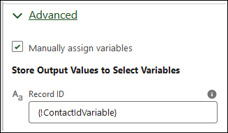 Screen lookup component; Under the Advanced heading, 'Manually assign variables' has been selected. The Record Id is stored in a text variable named {!ContactIdVariable}.