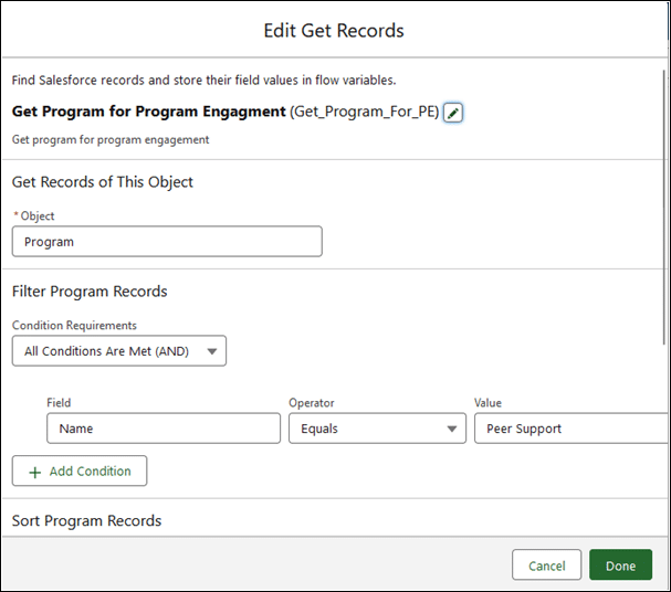 Get Records element for the Program object where the Name equals Peer Support.