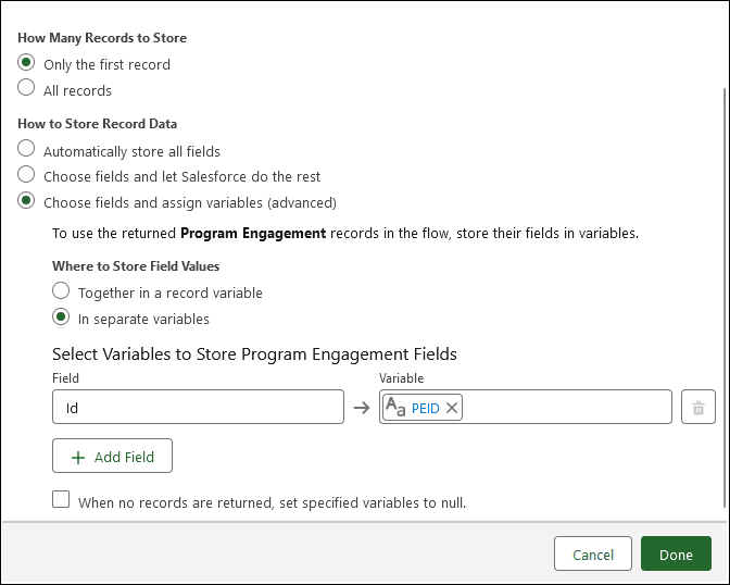 ‘Get Program Engagement’ Get Records element. If a record is found, the Id is set to the text variable ‘PEID‘.