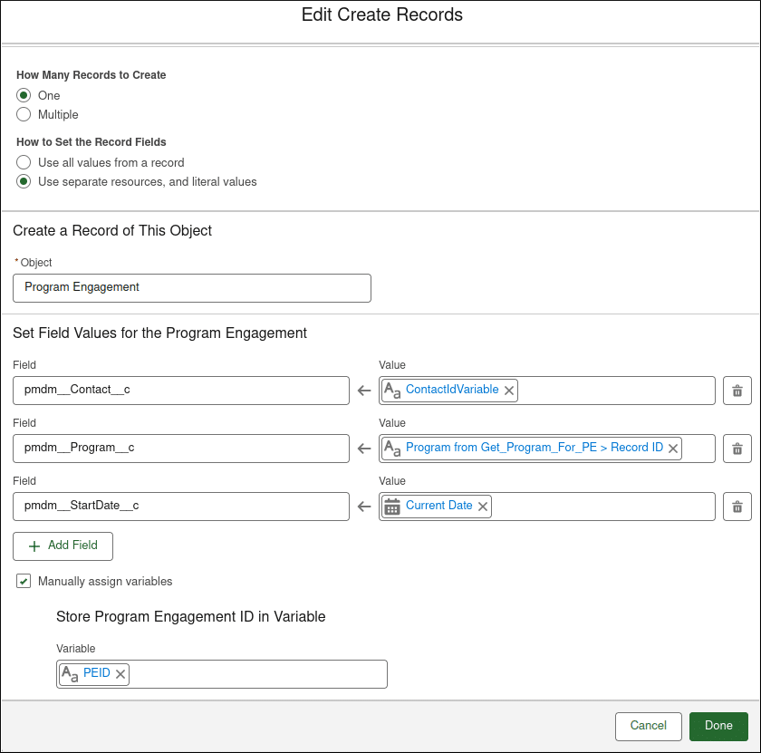 Program Engagement Create Records element. ‘pmdm_Contact__c’ is assigned the value’ ContactIdVariable,‘ pmdm_Program__c is assigned the value ’Program from Get_Program_For_PE.Record Id, and ’pmdm_Contact__c’ is assigned the value ‘Current Date’. The program engagement ID is stored in the text variable ‘PEID‘.