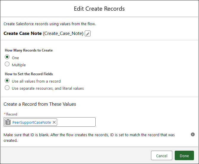 The Edit Create Records page for the Create Case Note element.