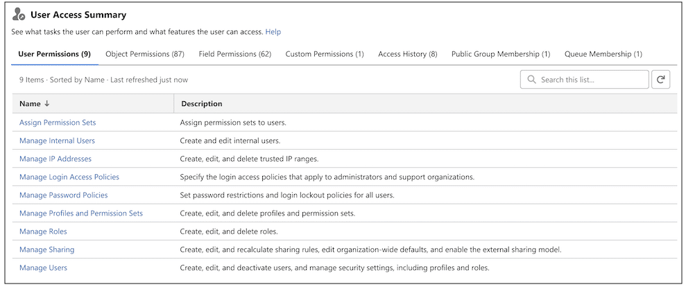 User Access Summary page. 